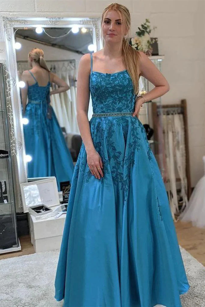 A Line Blue Lace Appliques Long Prom Dresses with Belt, Formal Evening   Demodresses