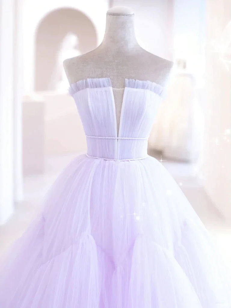 A Line Tulle Strapless Long Prom Dresses, Princess Formal Evening Dresses DMP341