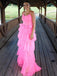 Hot Pink A Line Tulle Spaghetti Straps Long Prom Dresses, Formal Evening Dresses DMP342
