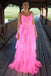 Hot Pink A Line Tulle Spaghetti Straps Long Prom Dresses, Formal Evening Dresses DMP342