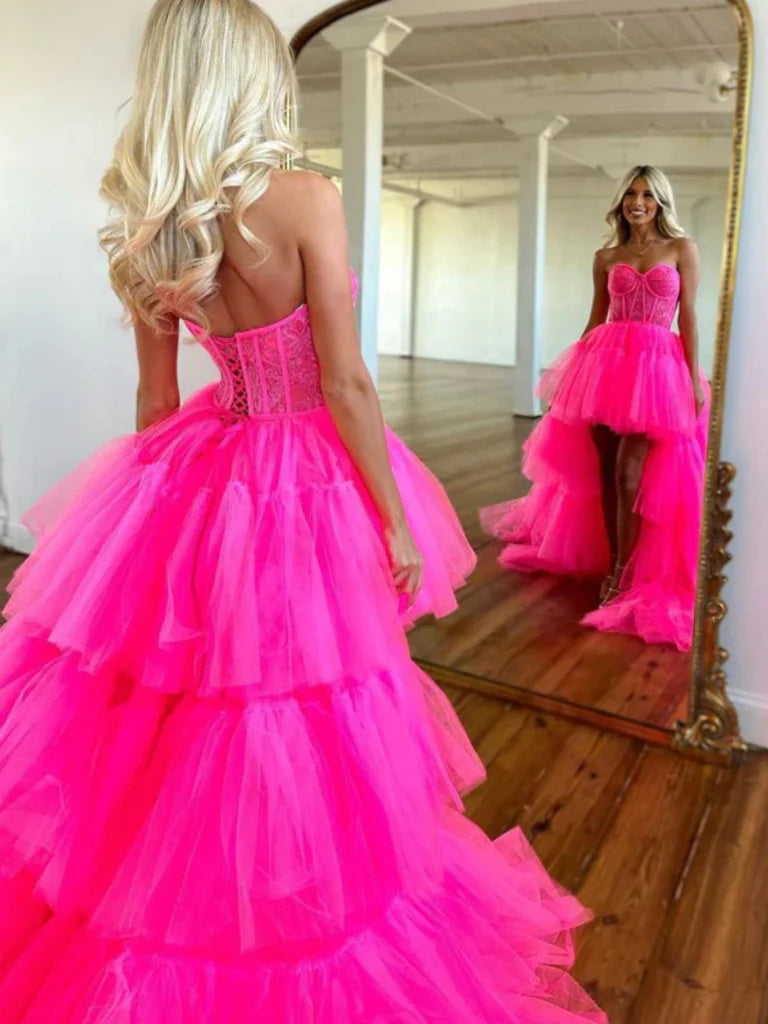 Hot Pink Sweetheart Layers High Low Prom Dresses, Formal Evening Dresses DMP345
