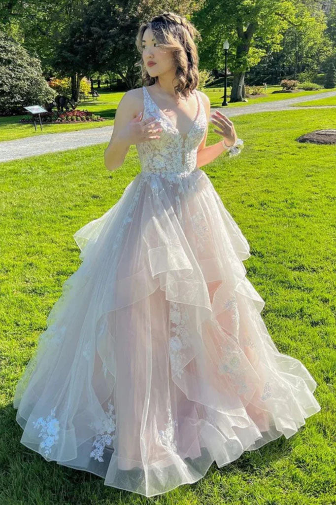 open lace back dress NumberSea-Ball Gown A-Line Prom Dresses Princess Dress Formal Wedding Guest  Floor Length Sleeveless V Neck Tulle Backless with Pleats Ruched Appliques main image 0
