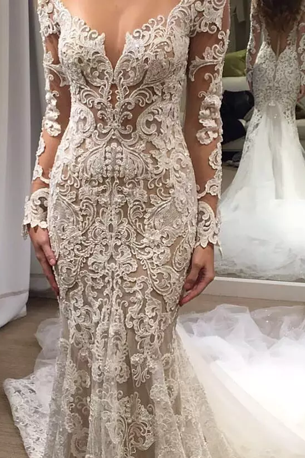 Romantic Long Lace Backless Long Sleeve Mermaid Ivory Wedding Dresses DM599