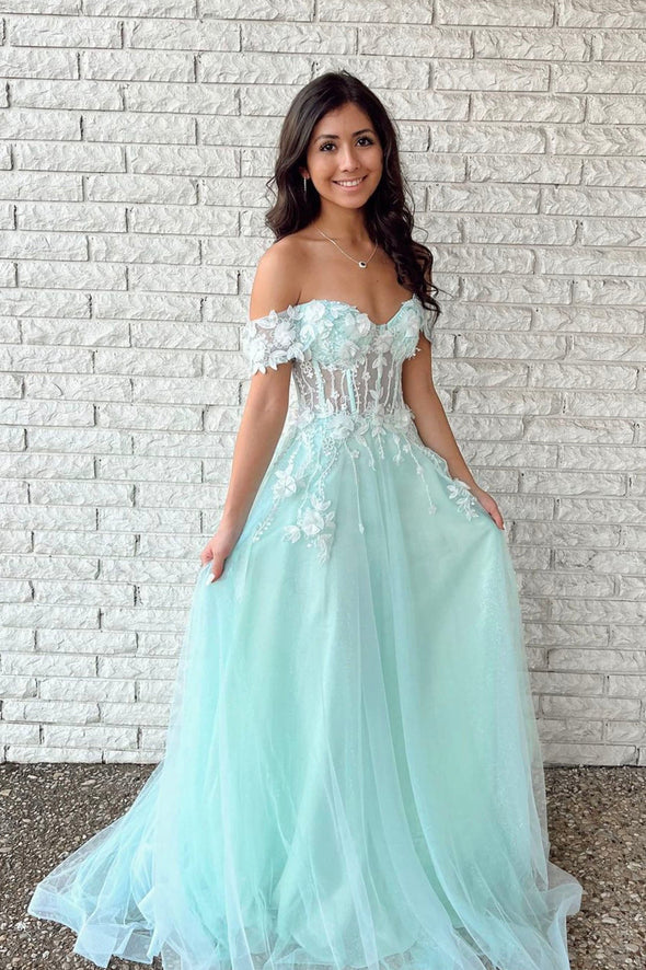 green emerald velvet dress Mint Green Tulle Flowers Applique Long Prom Dresses Off the Shoulder A –  Demodresses
