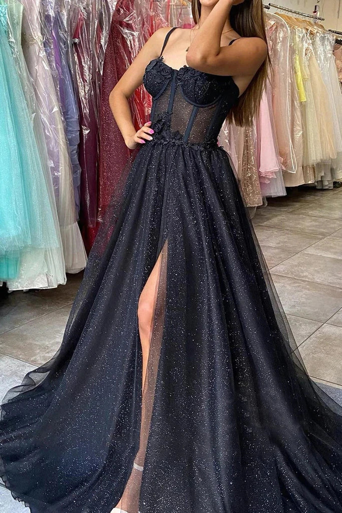 Black A Line Spaghetti Straps Prom Dresses with Slit, Sparkly Formal Evening Gown DMP229
