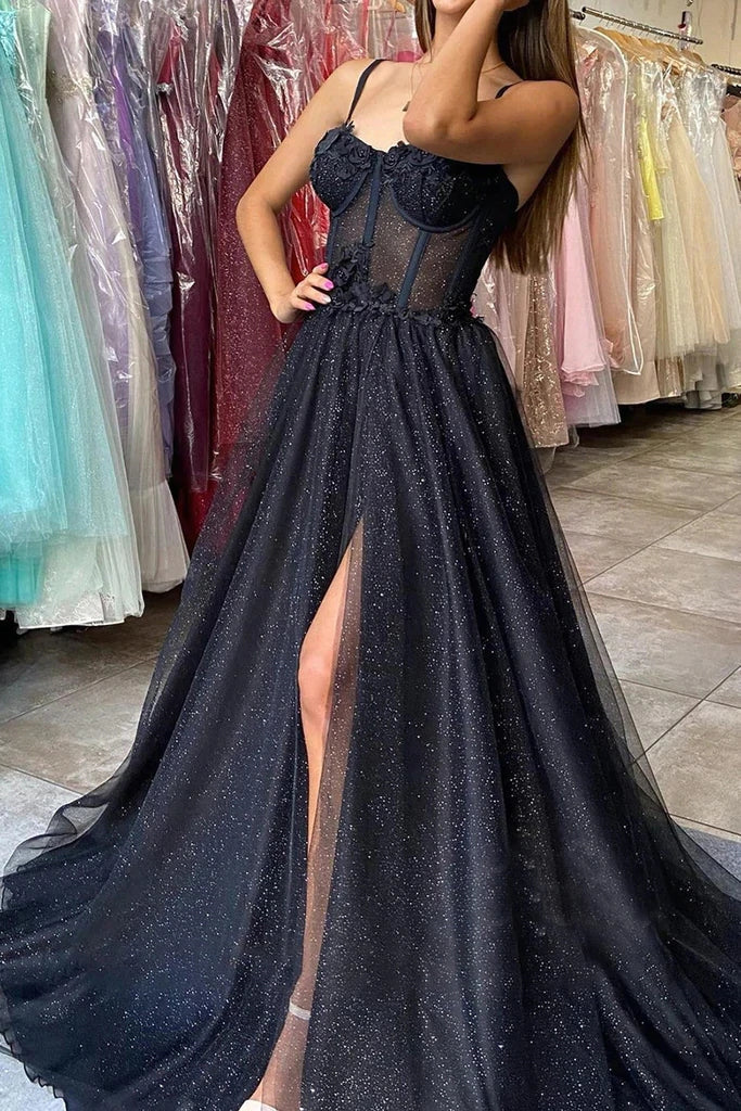 Black A Line Spaghetti Straps Prom Dresses with Slit Sparkly Formal E Demodresses