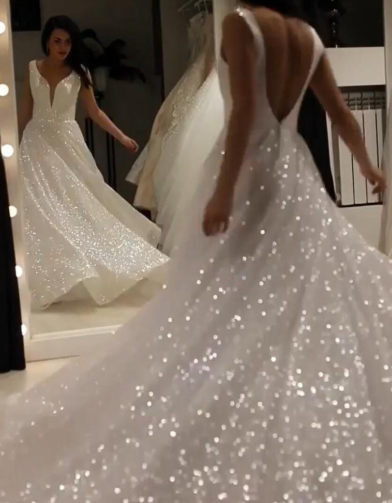 A Line V-neck Sparkly Wedding Dress, Sequin Backless Long Backless Bridal Dress DMW29