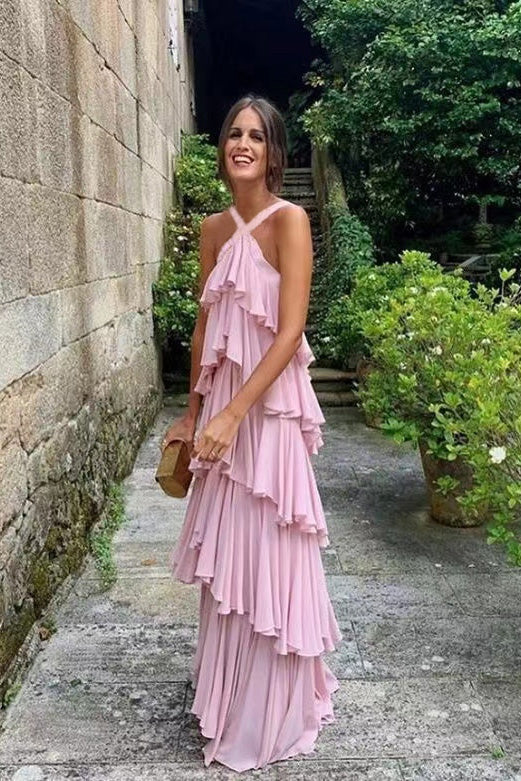 A Line Halter Tiered Chiffon Floor Length Long Prom Dress Pink Bridesm Demodresses A Line Halter Tiered Chiffon Floor Length Long Prom Dress Pink Bridesm Demodresses