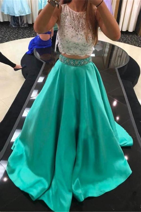 Two Pieces Lace Beading Satin Long Handmade Simple Green Prom Dresses K725