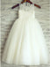 A-Line Round Neck White Tulle Flower Girl Dress with Lace DMP25