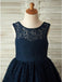 A-Line Round Neck Backless Navy Blue Lace Flower Girl Dress with Bowknot DMP17