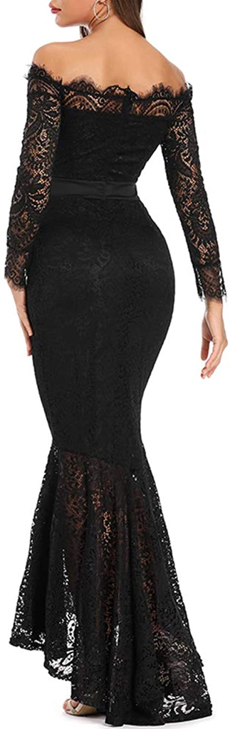 Mermaid Black Elegant Off the Shoulder Long Lace Long Sleeves Sexy Prom Dress DM141