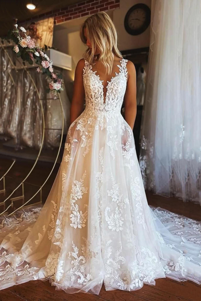 Elegant A Line V Neck Lace Appliques Wedding Dresses With Pockets DMW2