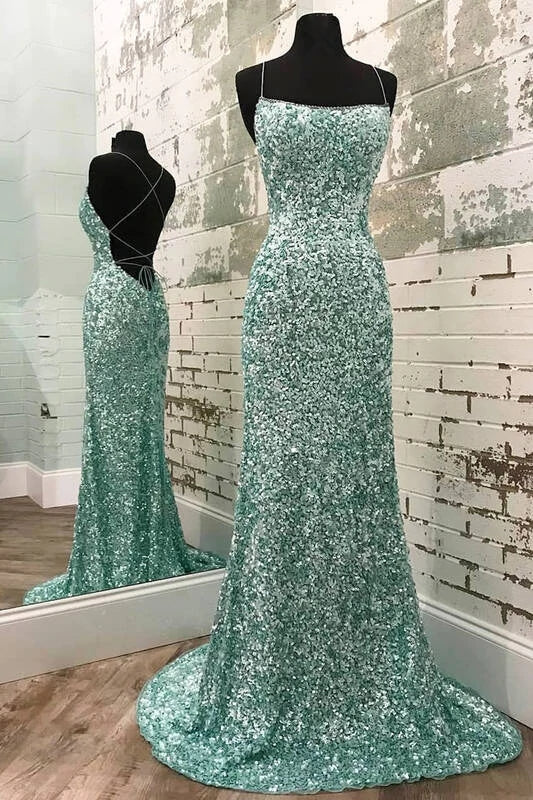Mint Green Sparkly Mermaid Prom Dresses, Long Criss-Cross Back Evening Demodresses Mint Green Sparkly Mermaid Prom Dresses, Long Criss-Cross Back Evening Demodresses