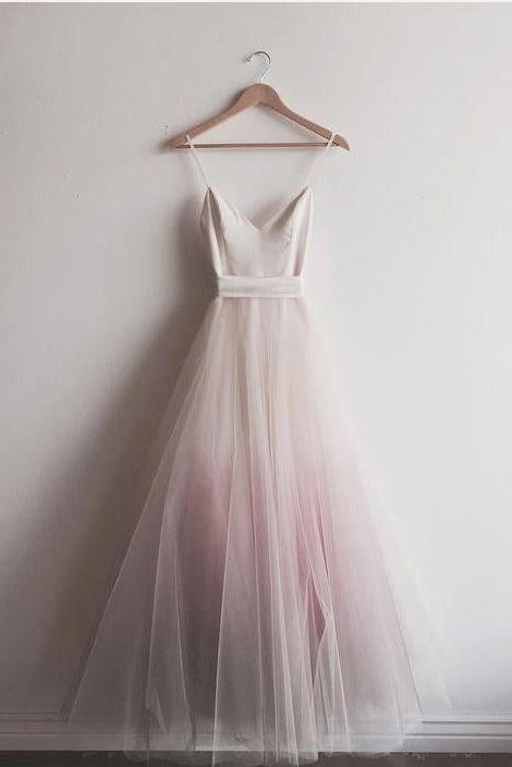 Charming Ombre A-line Spaghetti Straps Tulle Blush Long Prom Dresses DMD71