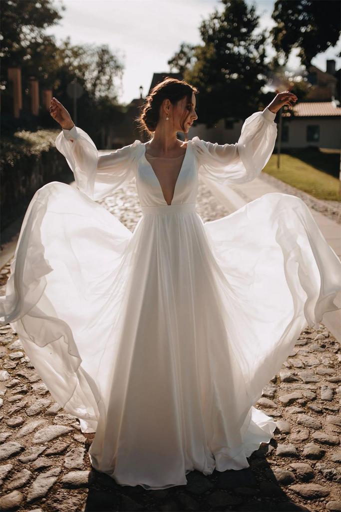 Simple Chiffon V Back Wedding Gown Long Puffy Sleeves Beach Wedding Dr – Demodresses Simple Chiffon V Back Wedding Gown Long Puffy Sleeves Beach Wedding Dr – Demodresses
