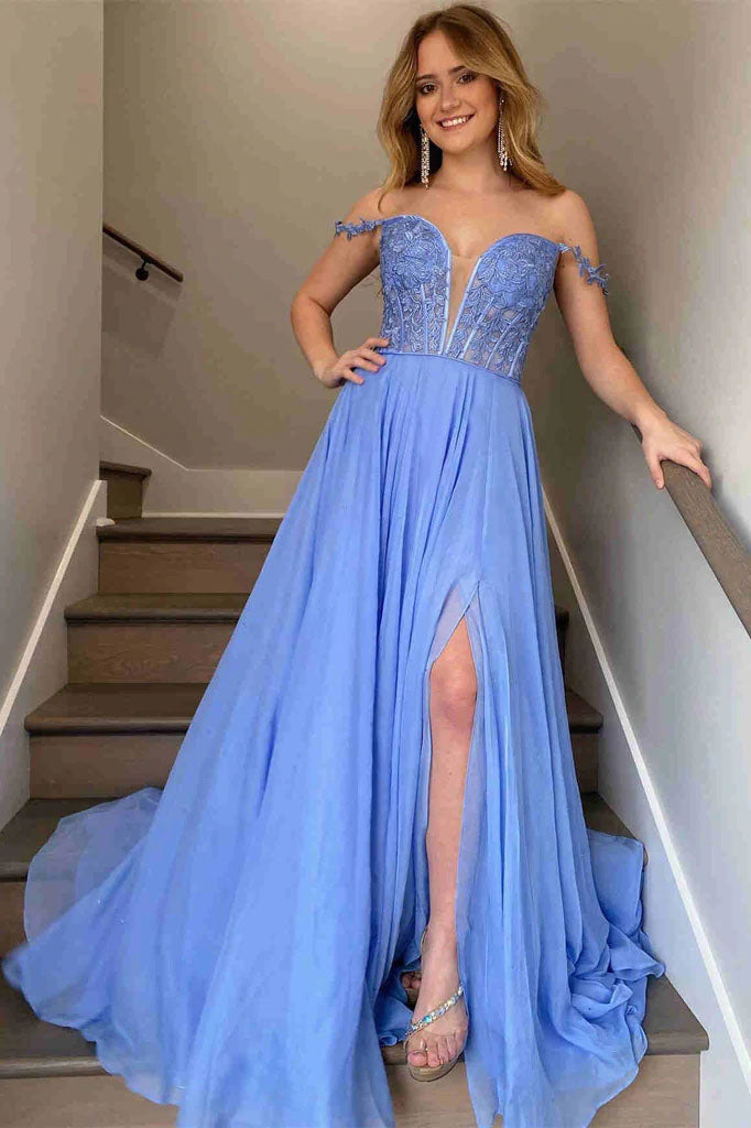 Elegant A Line Chiffon Blue Long Prom Dresses with Sheer Lace Bodice DMP159