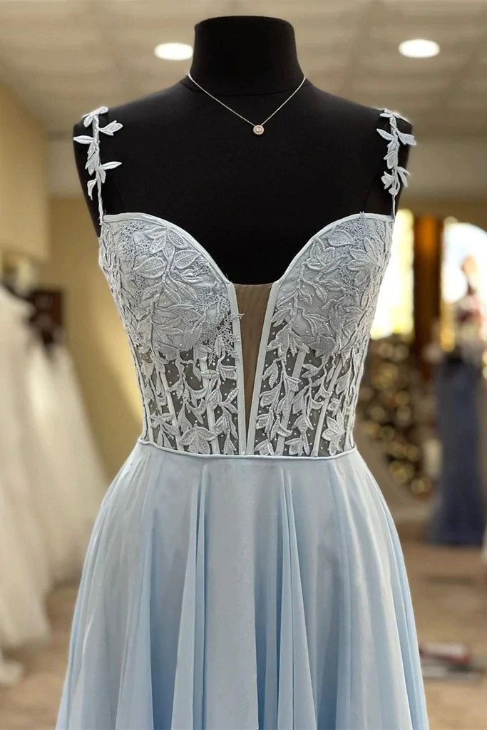 Elegant A Line Chiffon Blue Long Prom Dresses with Sheer Lace Bodice DMP159
