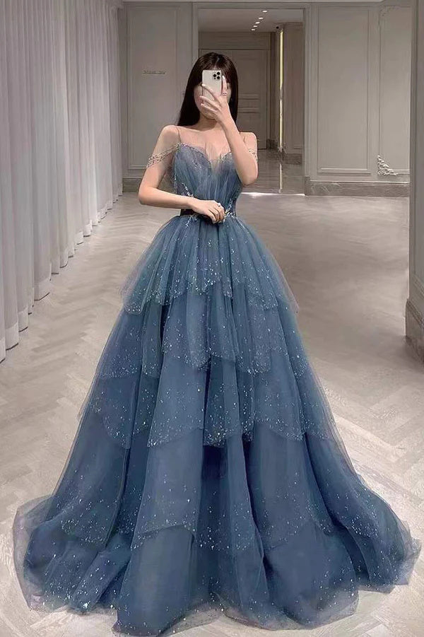 Dusty Blue Sparkly Tulle Beaded Prom Dress, Tiered Formal Gown With Rh Demodresses Dusty Blue Sparkly Tulle Beaded Prom Dress, Tiered Formal Gown With Rh Demodresses