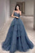 Dusty Blue Sparkly Tulle Beaded Prom Dress, Tiered Formal Gown With Rhinestone DM1932