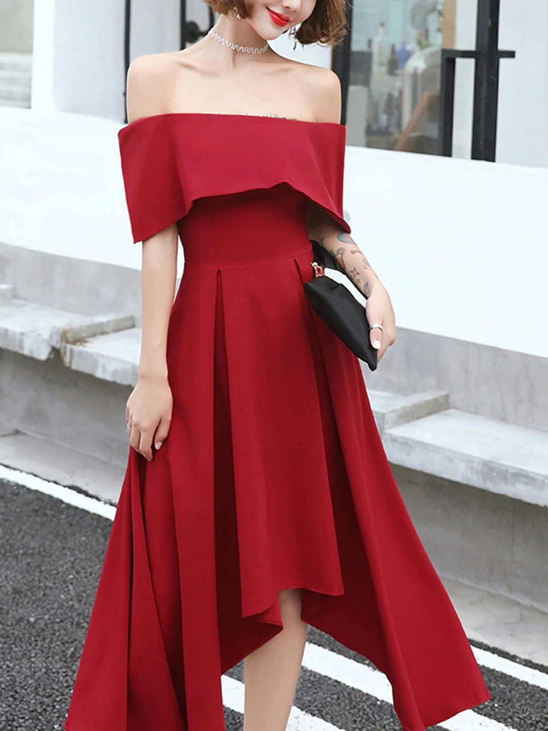 High Low Tea Length Prom Dress Off Shoulder Graduation Dresses Burgu Demodresses