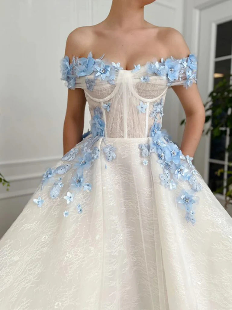 Off Shoulder White Long Prom Dresses with Flowers, White Formal Evening Dresses DMP331