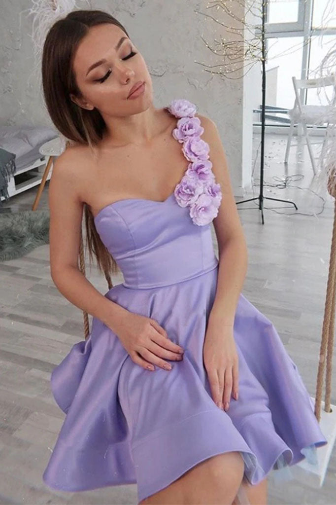 One Shoulder Floral Short Purple Prom Dress, 3D Flowers Purple Homecom Demodresses One Shoulder Floral Short Purple Prom Dress, 3D Flowers Purple Homecom Demodresses