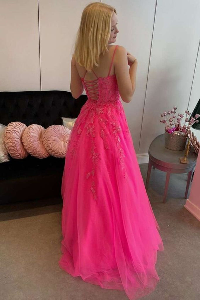 Hot Pink A Line Tulle Lace Appliques Long Prom Dress, Formal Graduation Evening Dresses DMP120