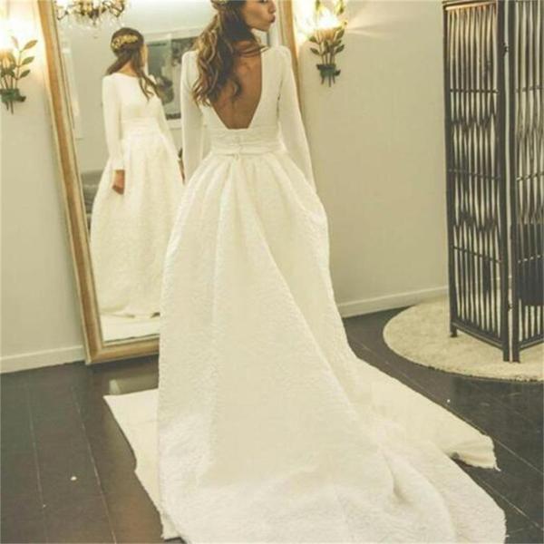 Ivory Long Sleeves Backless Simple Wedding Dress,Elegant A Line Prom Dress DM793