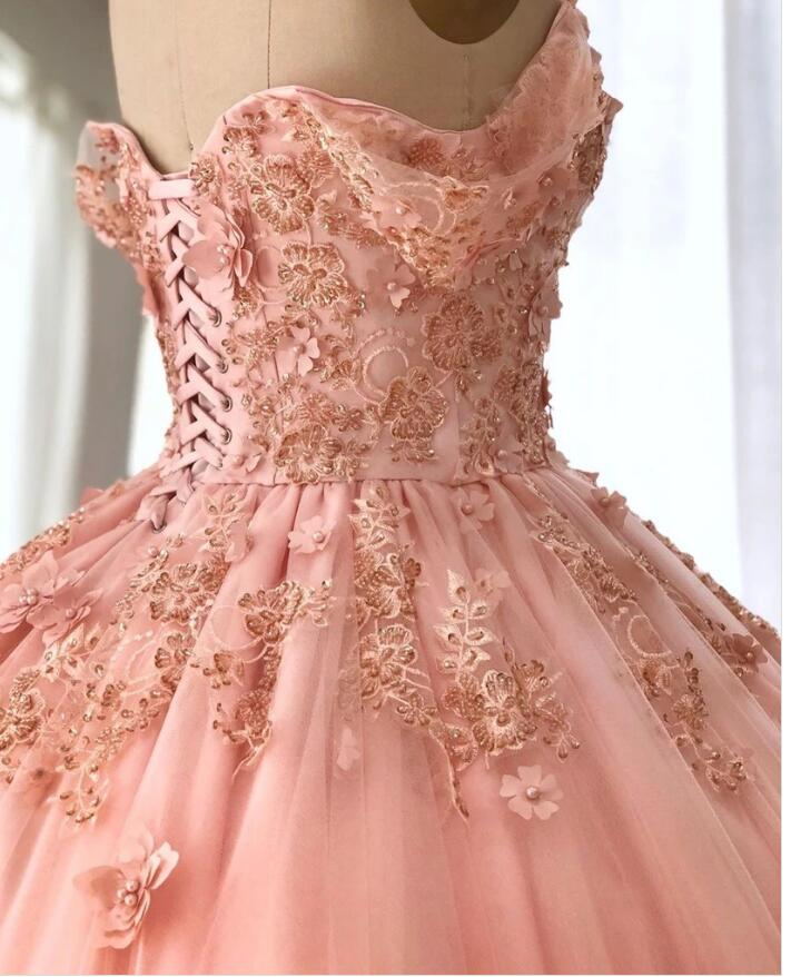 Pink Quince Dresses Ball Gowns Off the Shoulder Lace Applliques Wedding Dresses DMP078
