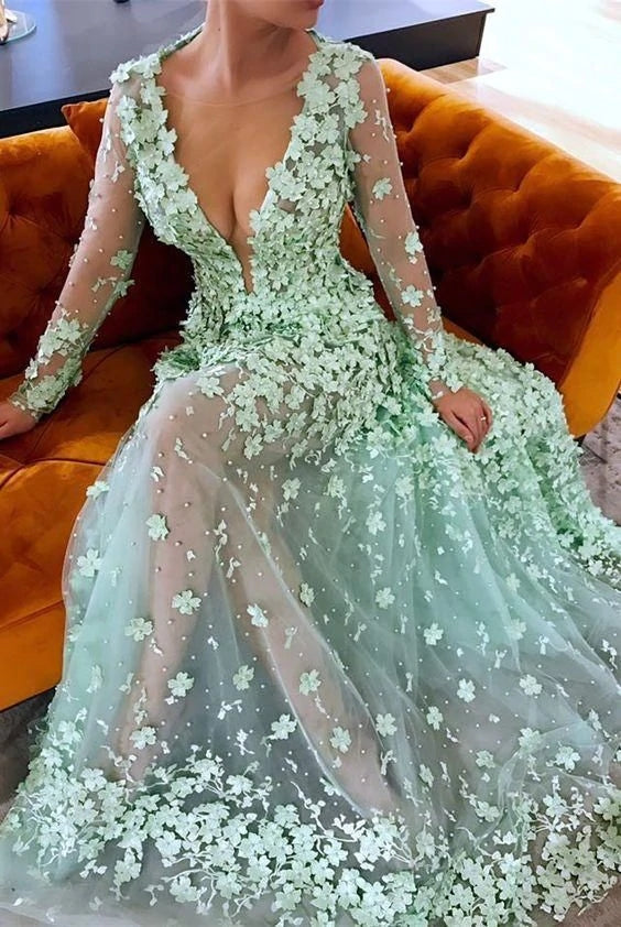 Mint Green Lace Applique Prom Dress Long Sleeve Deep V Neck Flowers P Demodresses