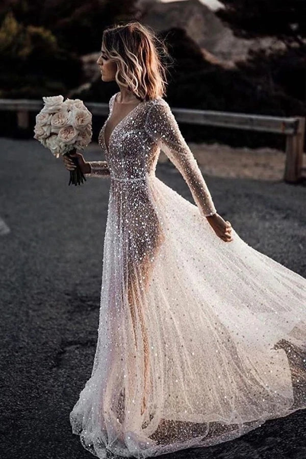 Sparkly A-line See Through Deep V Neck Long Sleeves Wedding Dresses DM Demodresses Sparkly A-line See Through Deep V Neck Long Sleeves Wedding Dresses DM Demodresses