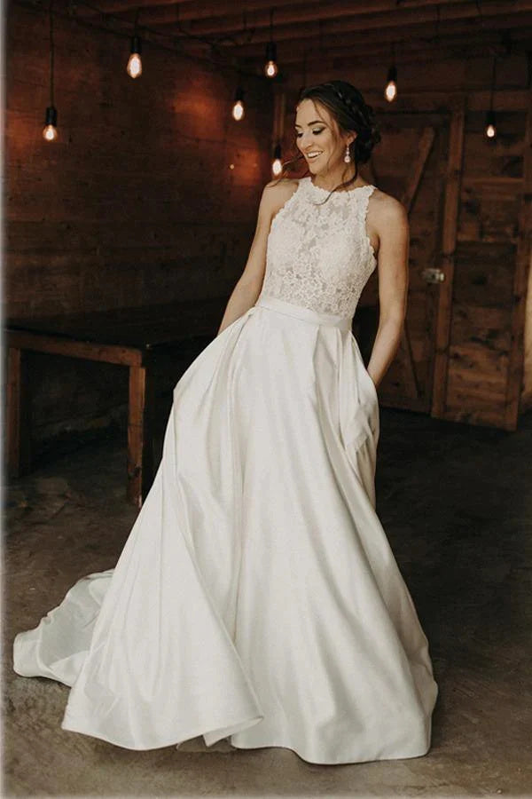 Satin A-line Lace Top Boho Wedding Dresses With Sweep Train, Bridal Go Demodresses Satin A-line Lace Top Boho Wedding Dresses With Sweep Train, Bridal Go Demodresses