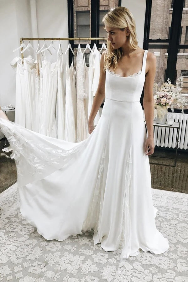 Satin A-line Spaghetti Straps Long Square Neck Wedding Dresses with La Demodresses Satin A-line Spaghetti Straps Long Square Neck Wedding Dresses with La Demodresses