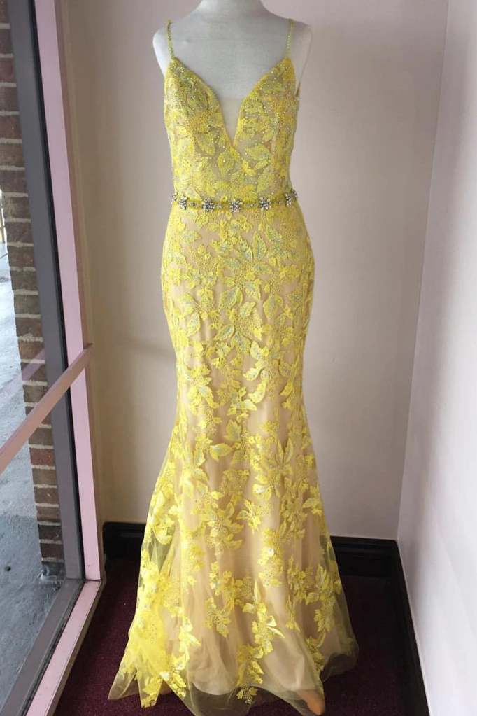yellow lace prom dresses Trumpet/Mermaid Spaghetti Straps Lace Yellow Long Elegant Prom Dresses – Demodresses
