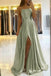 Fashion A Line Sage Green Long Prom Dresses With Slit Formal Evening Party Dress DMP123