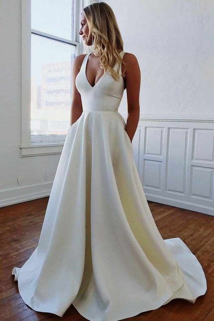 simple classic wedding dress Classic V-neck Simple A Line Satin Bridal Dresses with Pockets Wedding – Demodresses