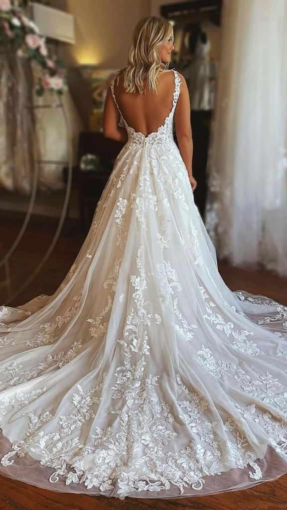 Elegant A Line V Neck Lace Appliques Wedding Dresses With Pockets DMW2