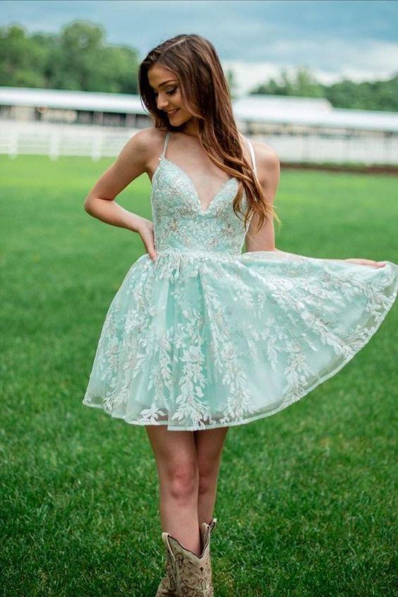 A-Line Mint Green Lace V Neck Spaghetti Straps Mini Prom Homecoming Dr Demodresses A-Line Mint Green Lace V Neck Spaghetti Straps Mini Prom Homecoming Dr Demodresses