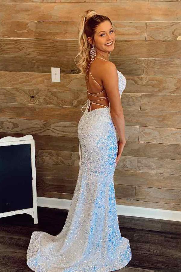 spaghetti strap prom dress Sparkly Spaghetti Straps Sequined Mermaid White Formal Prom Dress DMP0 – Demodresses