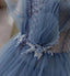 Dusty Blue Sparkly Tulle Beaded Prom Dress, Tiered Formal Gown With Rhinestone DM1932