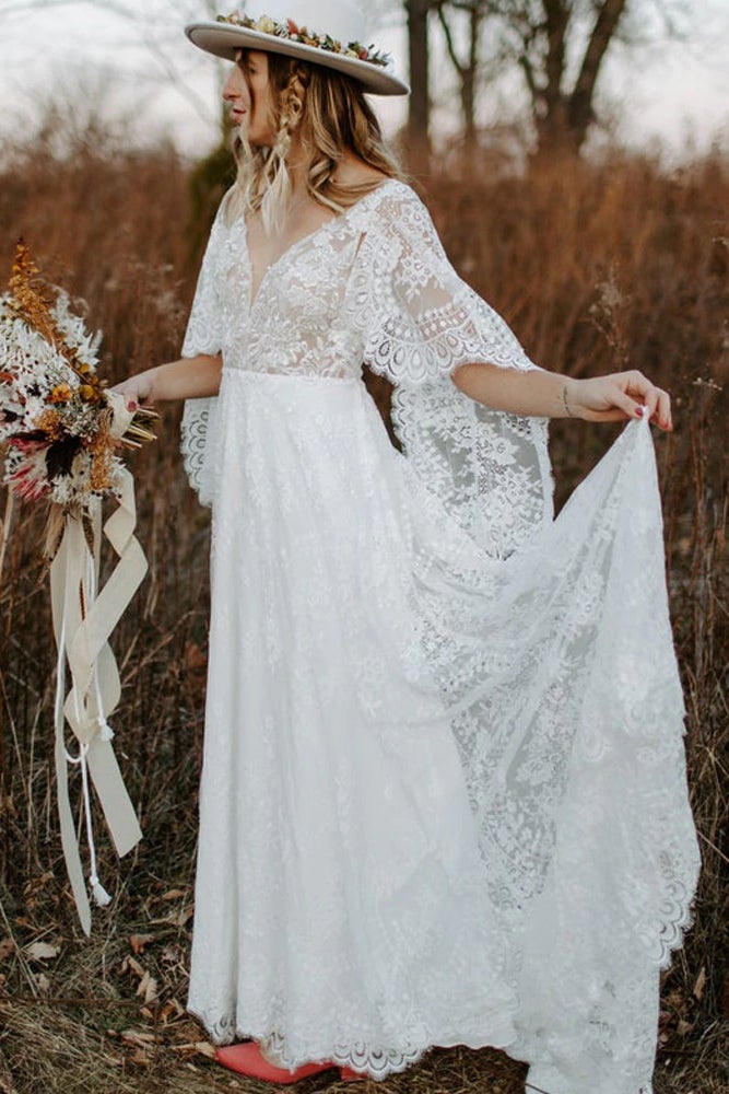 Lace V Neck Backless Boho Wedding Dress A Line Lace Beach Bridal Gown Demodresses Lace V Neck Backless Boho Wedding Dress A Line Lace Beach Bridal Gown Demodresses
