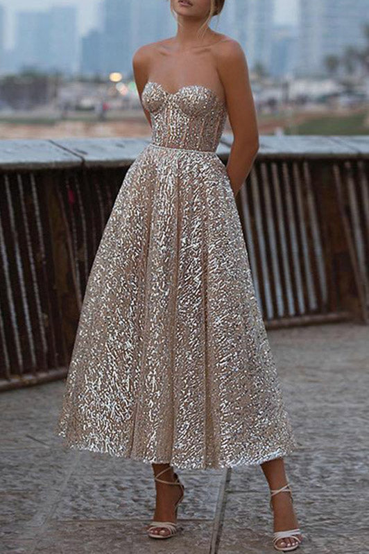 A Line Sequined Sweetheart Ankle Length Prom Dress Graduation Dress DM Demodresses A Line Sequined Sweetheart Ankle Length Prom Dress Graduation Dress DM Demodresses