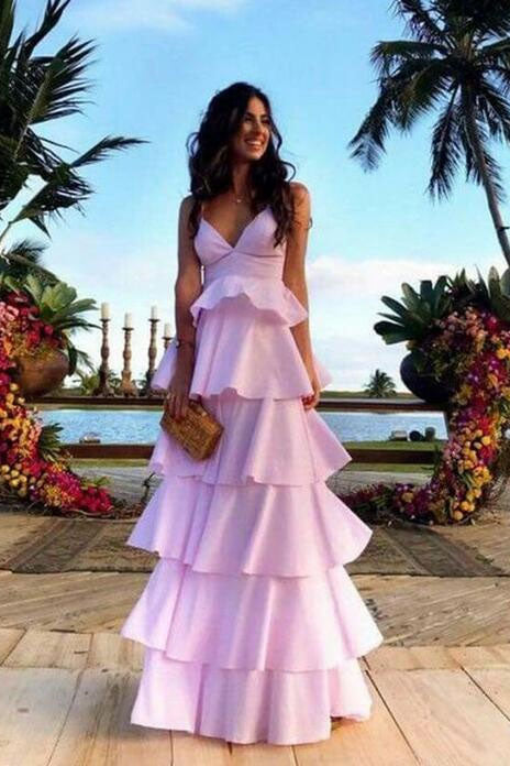 A-Line V Neck Pink Ruffles Prom Dresses Simple Tired Evening Dresses D – Demodresses A-Line V Neck Pink Ruffles Prom Dresses Simple Tired Evening Dresses D – Demodresses