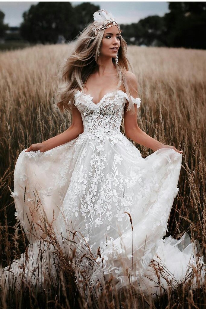 Boho Off The Shoulder A Line Tulle Lace Appliques Long Beach Wedding D Demodresses Boho Off The Shoulder A Line Tulle Lace Appliques Long Beach Wedding D Demodresses