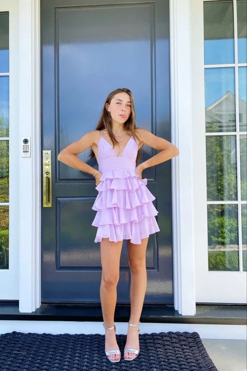 A-line V Neck Light Lavender Short Homecoming Dress Layered Cute Gradu –  Demodresses