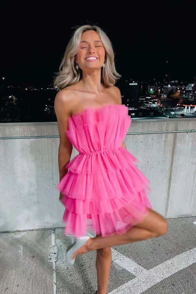 Hot Pink Strapless Tiered Short Homecoming Dresses, Tulle Back to Scho – Demodresses