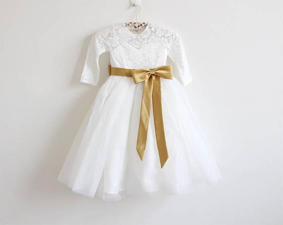 Long Sleeves Light Ivory Lace Tulle Flower Girl Dress With Silver Sash DM206