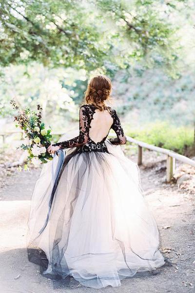 Charming Black Lace Puffy Prom Dress,Long Sleeves Open Back Tulle Wedding Dress DM794