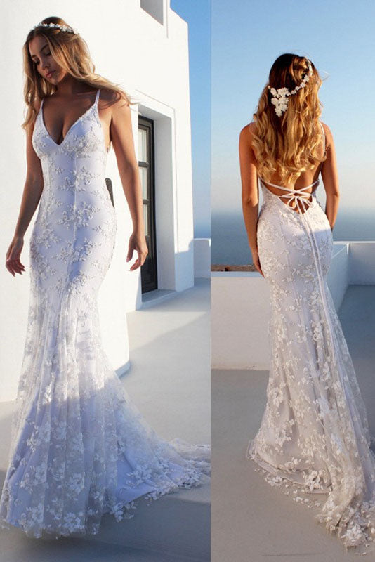 Trumpet/Mermaid Spaghetti Straps Sleeveless Lace Court Train Wedding Dresses DM1824